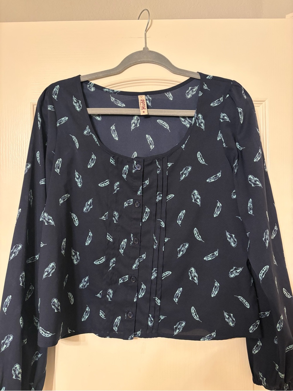 Mudd Navy Blouse with Light Blue Feather Print